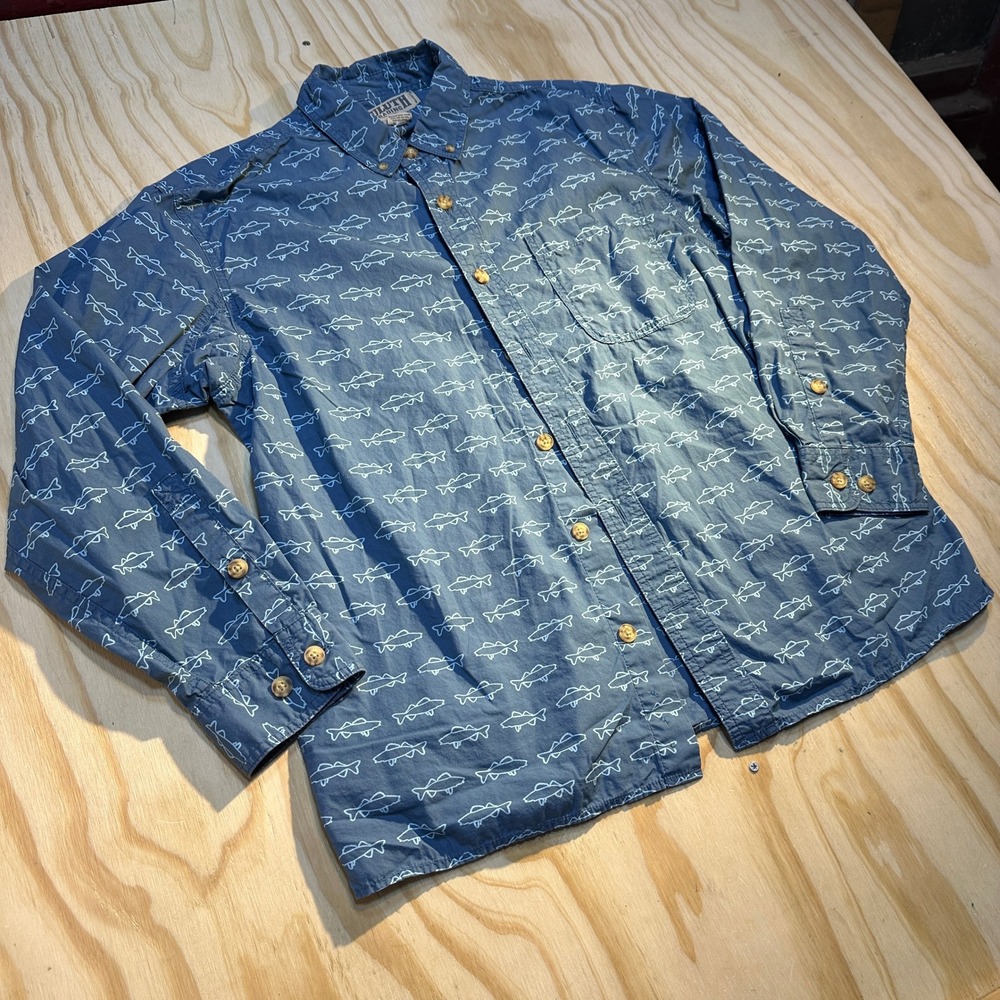 Duluth Trading Co Mens Large Blue Fish Print Relaxed Fit Button Down Shirt